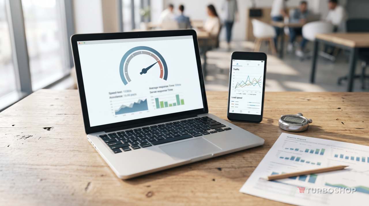 Ноутбук і смартфон із показниками швидкості завантаження — інструменти моніторингу сайту
