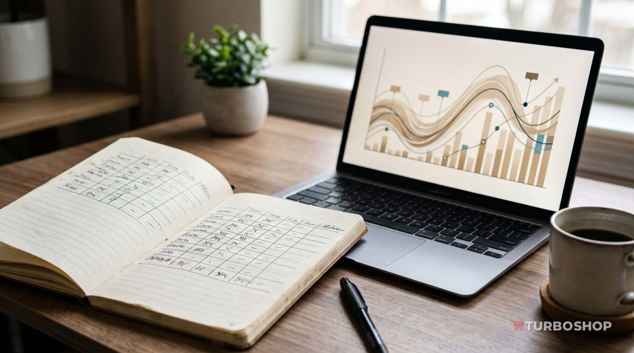 Notebook with a niche scoring grid and a demand trend chart on a laptop