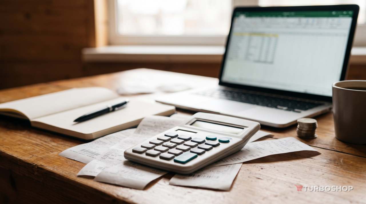 Calculating customer acquisition cost: calculator, receipts and a spend spreadsheet
