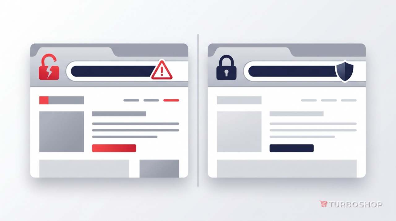 Порівняння двох вікон браузера: сайт без SSL із попередженням і сайт із SSL із замочком