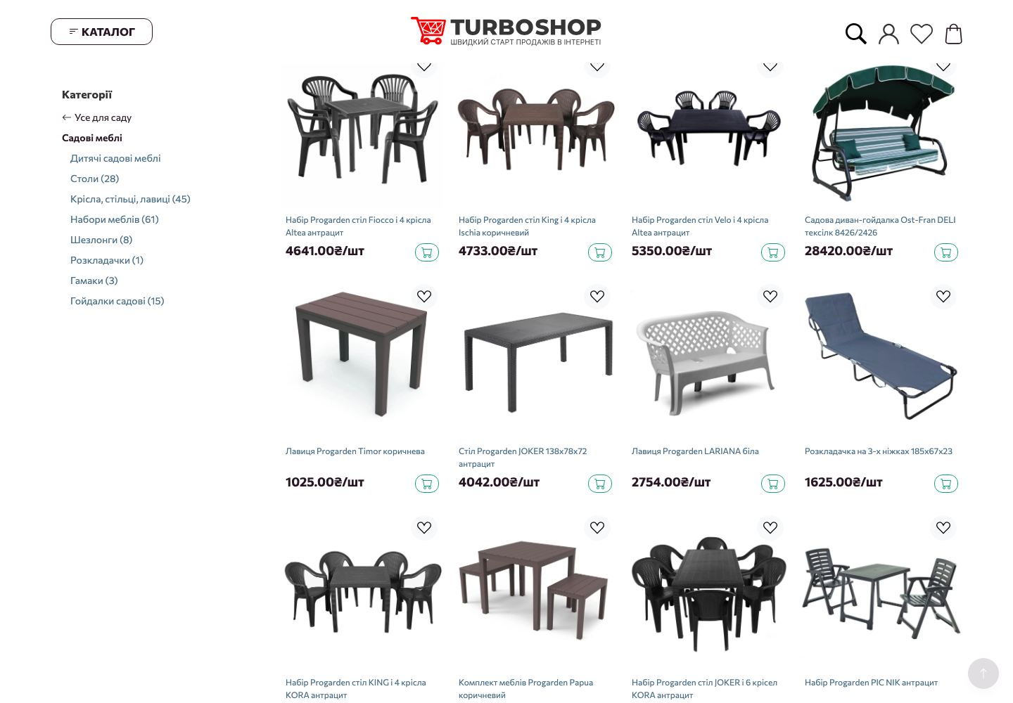 Сторінка категорії в Turboshop: сайдбар із категоріями ліворуч, сітка товарів праворуч