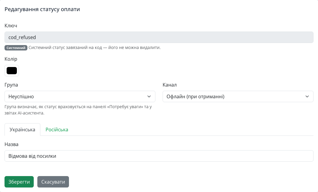 Форма статусу оплати «Відмова від посилки»: системний ключ cod_refused, група «Неуспішно», канал «Офлайн (при отриманні)»