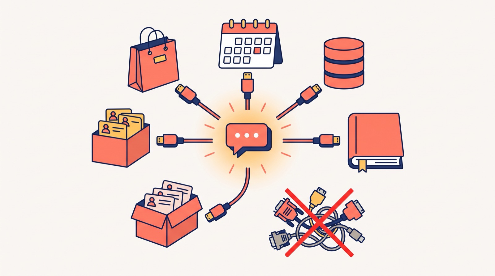 An AI assistant hub linked by identical plugs to a store, calendar, database, help book and contacts