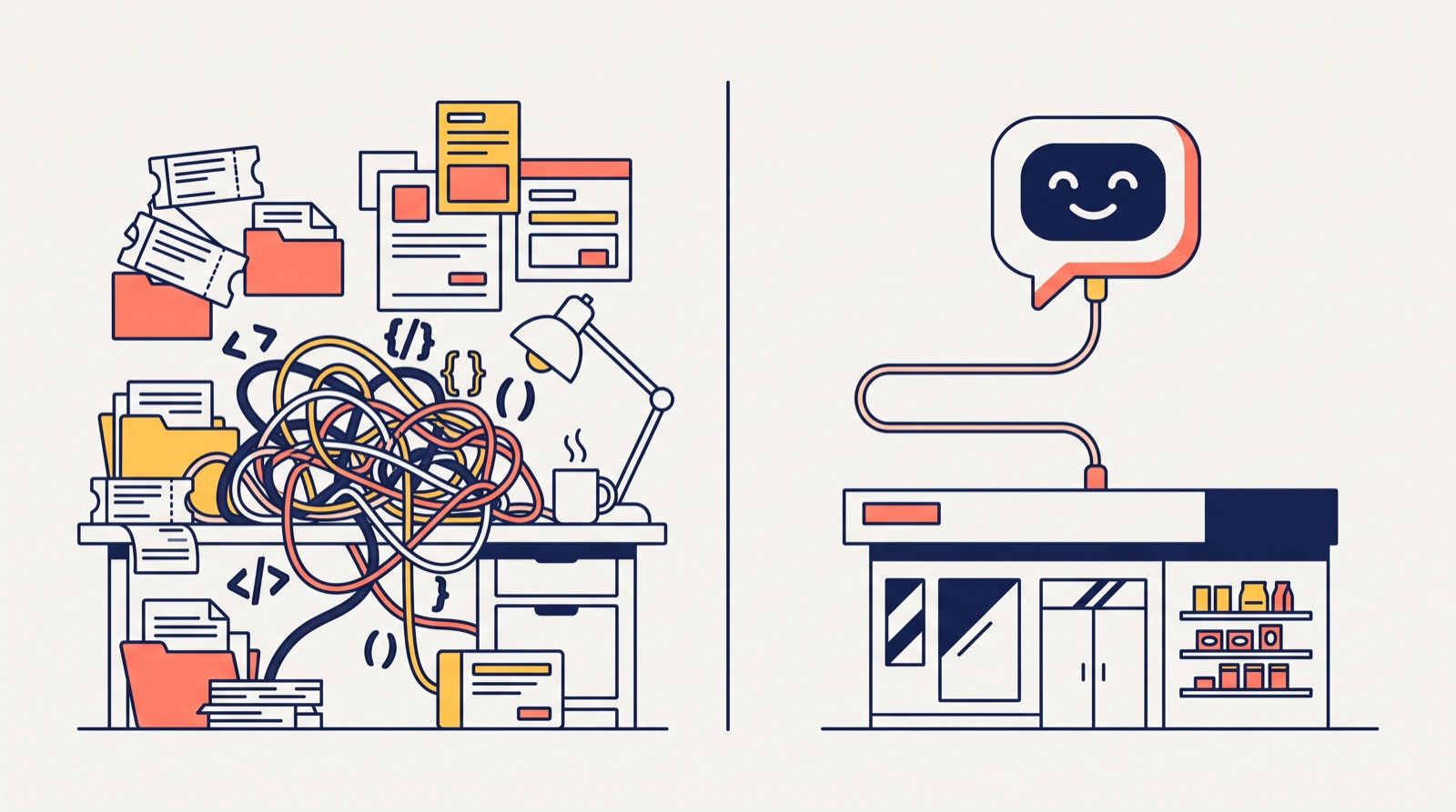 Left: tangled cables, code and stacks of tickets on a developer desk; right: an AI assistant plugged into a store with one cable