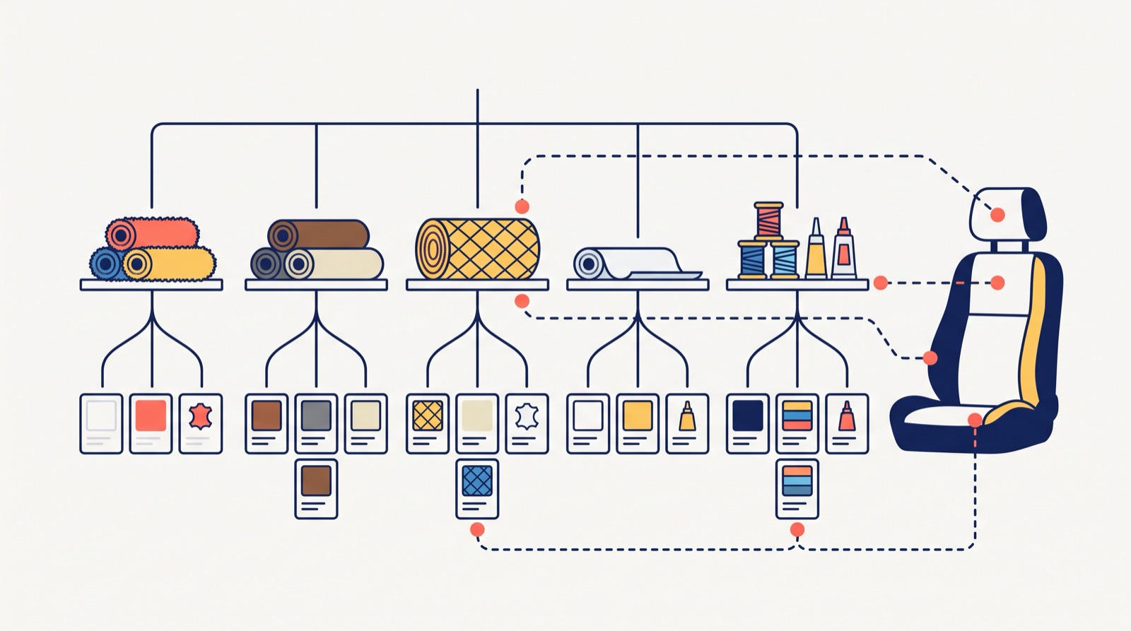 A catalog tree of shelves with suede, faux leather, quilted leather rolls and threads beside a car seat