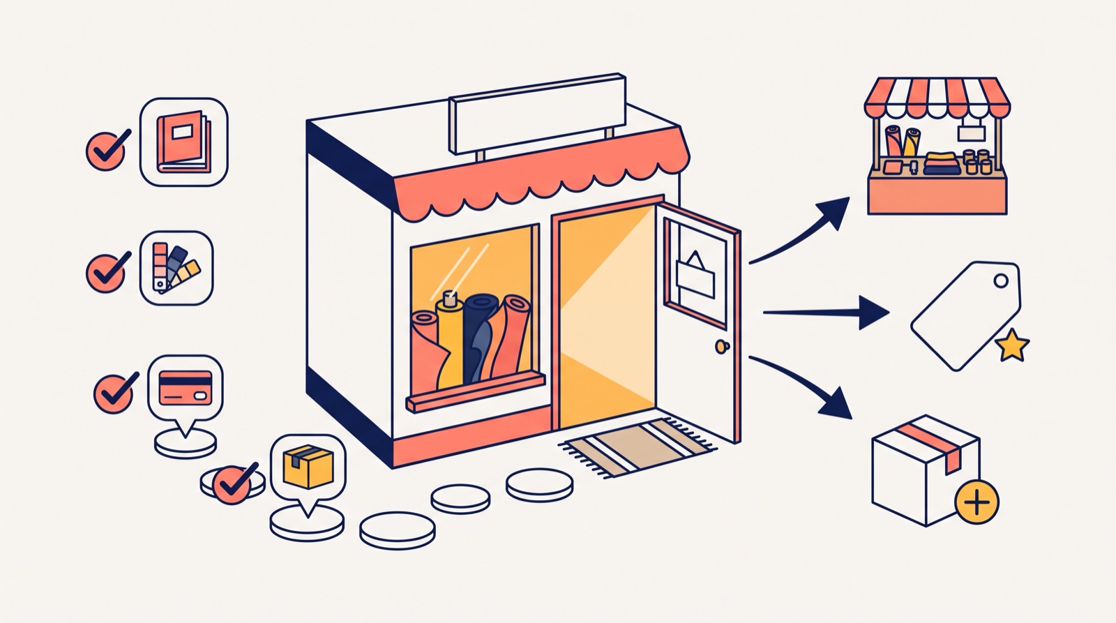 A fabric store with its door open, completed checked steps behind it and arrows to new sales channels ahead