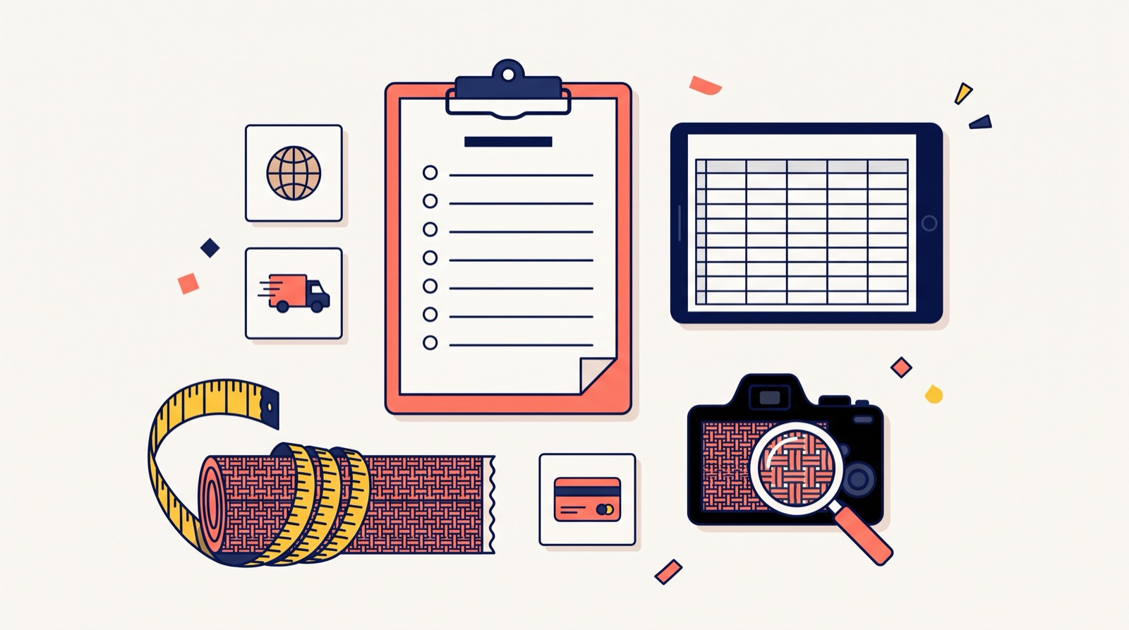 A launch kit on a desk: checklist, spreadsheet tablet, camera with a magnifier on fabric, roll with tape